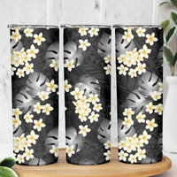 Black Tropical Hawaii Skinny Tumbler Seamless Monstera Plumeria Hawaiian Pattern - Polynesian Pride