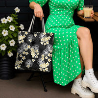 Black Tropical Hawaii Tote Bag Seamless Monstera Plumeria Hawaiian Pattern - Polynesian Pride