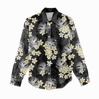 Black Tropical Hawaii Women Casual Shirt Seamless Monstera Plumeria Hawaiian Pattern - Polynesian Pride