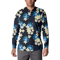 Blue Tropical Hawaii Button Sweatshirt Seamless Monstera Plumeria Hawaiian Pattern - Polynesian Pride