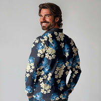 Blue Tropical Hawaii Long Sleeve Polo Shirt Seamless Monstera Plumeria Hawaiian Pattern - Polynesian Pride