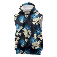 Blue Tropical Hawaii Sleeveless Zip Hoodie Seamless Monstera Plumeria Hawaiian Pattern - Polynesian Pride