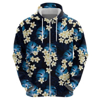 Blue Tropical Hawaii Zip Hoodie Seamless Monstera Plumeria Hawaiian Pattern - Polynesian Pride