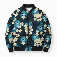 Dark Cyan Tropical Hawaii Bomber Puffer Jacket Seamless Monstera Plumeria Hawaiian Pattern - Polynesian Pride