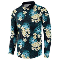 Dark Cyan Tropical Hawaii Button Sweatshirt Seamless Monstera Plumeria Hawaiian Pattern - Polynesian Pride