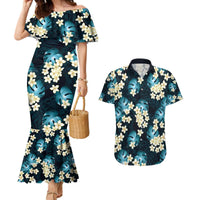 Dark Cyan Tropical Hawaii Couples Matching Mermaid Dress and Hawaiian Shirt Seamless Monstera Plumeria Hawaiian Pattern - Polynesian Pride