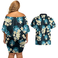 Dark Cyan Tropical Hawaii Couples Matching Off Shoulder Short Dress and Hawaiian Shirt Seamless Monstera Plumeria Hawaiian Pattern - Polynesian Pride