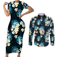 Dark Cyan Tropical Hawaii Couples Matching Short Sleeve Bodycon Dress and Long Sleeve Button Shirt Seamless Monstera Plumeria Hawaiian Pattern - Polynesian Pride