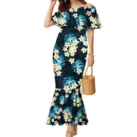 Dark Cyan Tropical Hawaii Family Matching Mermaid Dress and Hawaiian Shirt Seamless Monstera Plumeria Hawaiian Pattern LT14 Mom's Dress Dark Cyan - Polynesian Pride