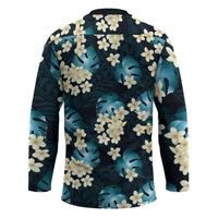 Dark Cyan Tropical Hawaii Hockey Jersey Seamless Monstera Plumeria Hawaiian Pattern - Polynesian Pride