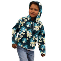 Dark Cyan Tropical Hawaii Kid Hoodie Seamless Monstera Plumeria Hawaiian Pattern - Polynesian Pride