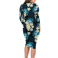 Dark Cyan Tropical Hawaii Long Sleeve Bodycon Dress Seamless Monstera Plumeria Hawaiian Pattern - Polynesian Pride