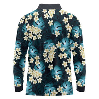 Dark Cyan Tropical Hawaii Long Sleeve Polo Shirt Seamless Monstera Plumeria Hawaiian Pattern - Polynesian Pride