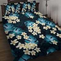 Dark Cyan Tropical Hawaii Quilt Bed Set Seamless Monstera Plumeria Hawaiian Pattern - Polynesian Pride