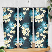 Dark Cyan Tropical Hawaii Skinny Tumbler Seamless Monstera Plumeria Hawaiian Pattern - Polynesian Pride