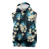 Dark Cyan Tropical Hawaii Sleeveless Hoodie Seamless Monstera Plumeria Hawaiian Pattern - Polynesian Pride