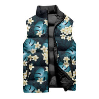 Dark Cyan Tropical Hawaii Sleeveless Puffer Jacket Seamless Monstera Plumeria Hawaiian Pattern - Polynesian Pride