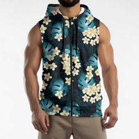 Dark Cyan Tropical Hawaii Sleeveless Zip Hoodie Seamless Monstera Plumeria Hawaiian Pattern - Polynesian Pride