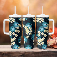 Dark Cyan Tropical Hawaii Tumbler With Handle Seamless Monstera Plumeria Hawaiian Pattern - Polynesian Pride
