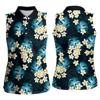 Dark Cyan Tropical Hawaii Women Sleeveless Polo Shirt Seamless Monstera Plumeria Hawaiian Pattern - Polynesian Pride