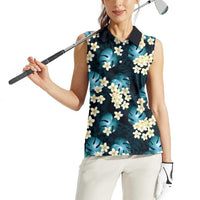 Dark Cyan Tropical Hawaii Women Sleeveless Polo Shirt Seamless Monstera Plumeria Hawaiian Pattern - Polynesian Pride