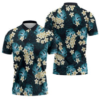 Dark Cyan Tropical Hawaii Zipper Polo Shirt Seamless Monstera Plumeria Hawaiian Pattern - Polynesian Pride