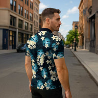 Dark Cyan Tropical Hawaii Zipper Polo Shirt Seamless Monstera Plumeria Hawaiian Pattern - Polynesian Pride