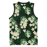 Green Tropical Hawaii Basketball Jersey Seamless Monstera Plumeria Hawaiian Pattern - Polynesian Pride
