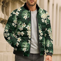 Green Tropical Hawaii Bomber Puffer Jacket Seamless Monstera Plumeria Hawaiian Pattern - Polynesian Pride