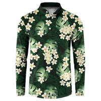 Green Tropical Hawaii Button Sweatshirt Seamless Monstera Plumeria Hawaiian Pattern - Polynesian Pride
