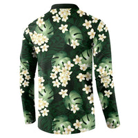 Green Tropical Hawaii Button Sweatshirt Seamless Monstera Plumeria Hawaiian Pattern - Polynesian Pride