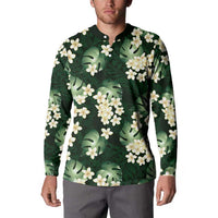 Green Tropical Hawaii Button Sweatshirt Seamless Monstera Plumeria Hawaiian Pattern - Polynesian Pride