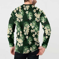 Green Tropical Hawaii Button Sweatshirt Seamless Monstera Plumeria Hawaiian Pattern - Polynesian Pride