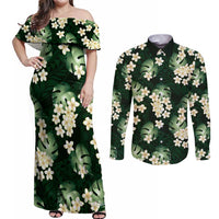 Green Tropical Hawaii Couples Matching Off Shoulder Maxi Dress and Long Sleeve Button Shirt Seamless Monstera Plumeria Hawaiian Pattern - Polynesian Pride