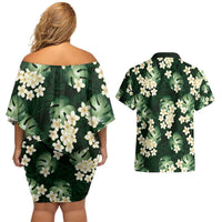 Green Tropical Hawaii Couples Matching Off Shoulder Short Dress and Hawaiian Shirt Seamless Monstera Plumeria Hawaiian Pattern - Polynesian Pride