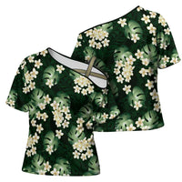Green Tropical Hawaii Cross Shoulder Shirt Seamless Monstera Plumeria Hawaiian Pattern - Polynesian Pride