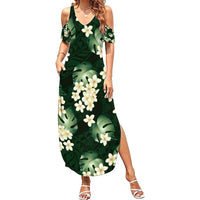 Green Tropical Hawaii Family Matching Summer Maxi Dress and Hawaiian Shirt Seamless Monstera Plumeria Hawaiian Pattern - Polynesian Pride