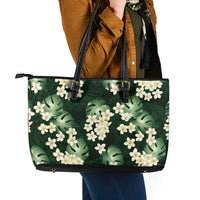 Green Tropical Hawaii Leather Tote Bag Seamless Monstera Plumeria Hawaiian Pattern LT14 - Polynesian Pride