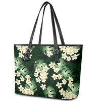 Green Tropical Hawaii Leather Tote Bag Seamless Monstera Plumeria Hawaiian Pattern LT14 - Polynesian Pride
