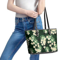 Green Tropical Hawaii Leather Tote Bag Seamless Monstera Plumeria Hawaiian Pattern LT14 - Polynesian Pride