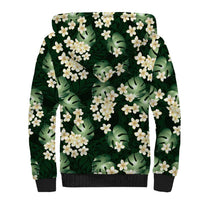 Green Tropical Hawaii Sherpa Hoodie Seamless Monstera Plumeria Hawaiian Pattern - Polynesian Pride