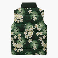 Green Tropical Hawaii Sleeveless Puffer Jacket Seamless Monstera Plumeria Hawaiian Pattern - Polynesian Pride