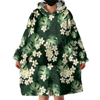 Green Tropical Hawaii Wearable Blanket Hoodie Seamless Monstera Plumeria Hawaiian Pattern - Polynesian Pride