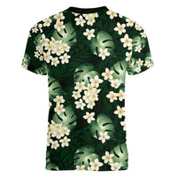Green Tropical Hawaii Women V-Neck T-Shirt Seamless Monstera Plumeria Hawaiian Pattern - Polynesian Pride