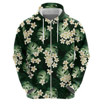 Green Tropical Hawaii Zip Hoodie Seamless Monstera Plumeria Hawaiian Pattern - Polynesian Pride