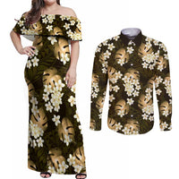 Gold Tropical Hawaii Couples Matching Off Shoulder Maxi Dress and Long Sleeve Button Shirt Seamless Monstera Plumeria Hawaiian Pattern - Polynesian Pride