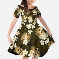 Gold Tropical Hawaii Family Matching Off The Shoulder Long Sleeve Dress and Hawaiian Shirt Seamless Monstera Plumeria Hawaiian Pattern - Polynesian Pride