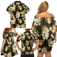 Gold Tropical Hawaii Family Matching Off Shoulder Short Dress and Hawaiian Shirt Seamless Monstera Plumeria Hawaiian Pattern - Polynesian Pride
