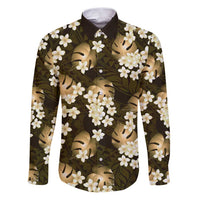 Gold Tropical Hawaii Family Matching Puletasi and Hawaiian Shirt Seamless Monstera Plumeria Hawaiian Pattern LT14 Dad's Shirt - Long Sleeve Gold - Polynesian Pride
