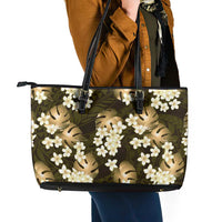 Gold Tropical Hawaii Leather Tote Bag Seamless Monstera Plumeria Hawaiian Pattern LT14 - Polynesian Pride